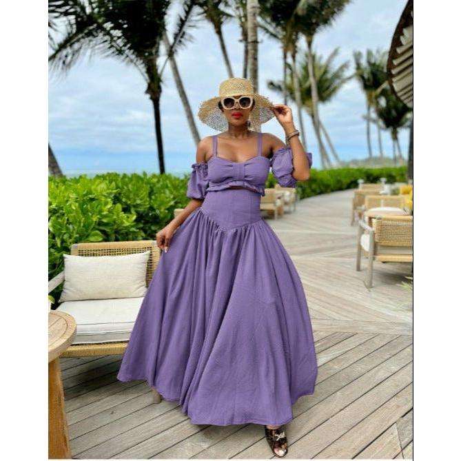 Drop Waist Skirt Paired with an Off-Shoulder Top Set