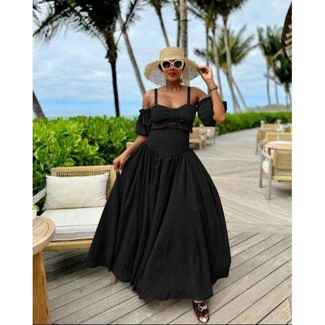 Drop Waist Skirt Paired with an Off-Shoulder Top Set