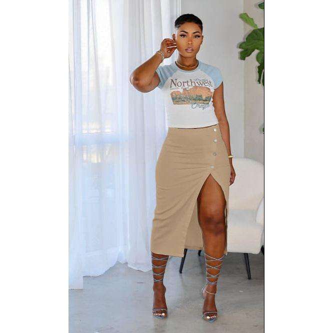 Button Design Split Hem Casual Midi Skirt