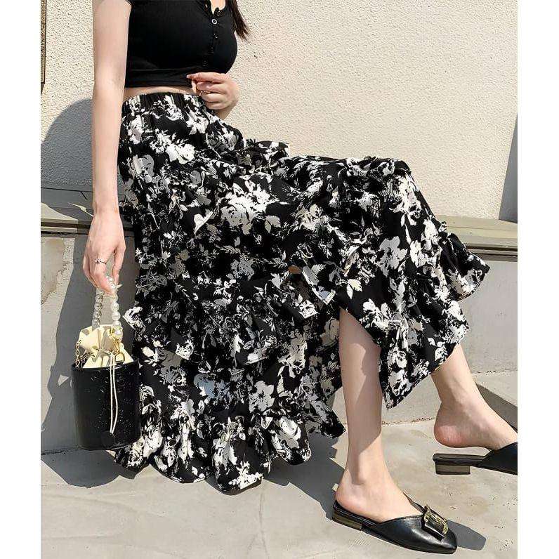 Frenchy Plus Floral Print Ruffle Hem Skirt