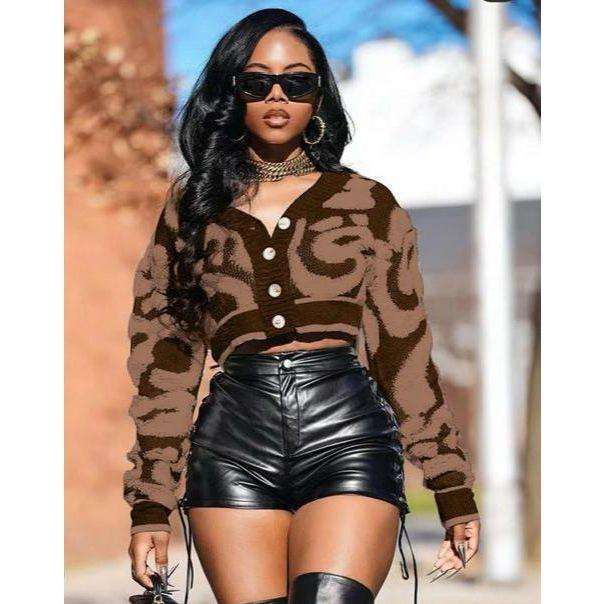 Graffiti Print Long Sleeve Button Down Knit Sweater Tops