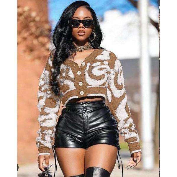 Graffiti Print Long Sleeve Button Down Knit Sweater Tops