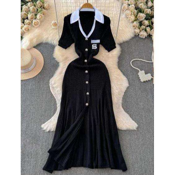 Short Sleeve Ladies Knitted Collared Dress