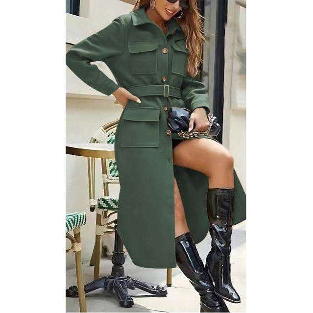 Stretch Cotton Utility Style Long Sleeve Midi Dress