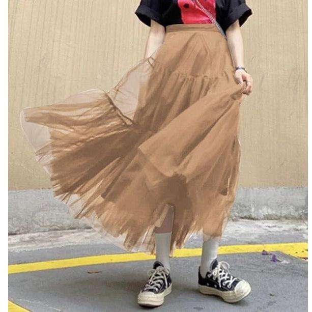 Mesh Tulle Layered Pleated Elegant Maxi Skirt