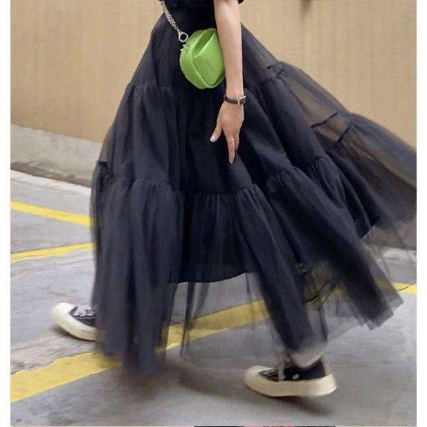 Mesh Tulle Layered Pleated Elegant Maxi Skirt