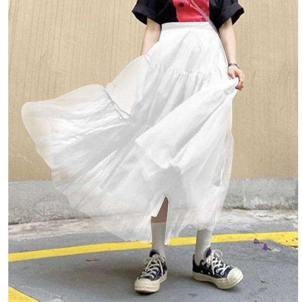 Mesh Tulle Layered Pleated Elegant Maxi Skirt