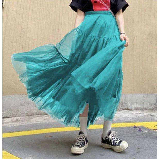 Mesh Tulle Layered Pleated Elegant Maxi Skirt