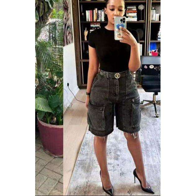 Denim Bermuda Shorts High Waist Baggy Cargo Pants