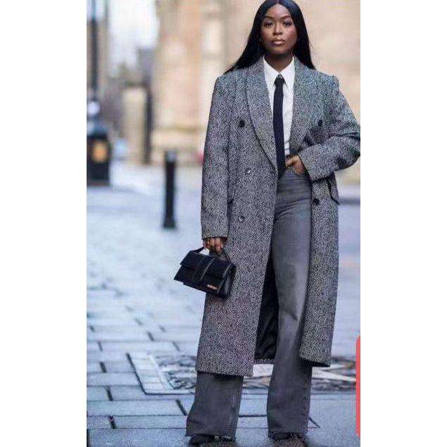 Double Breasted Wool Blend Midi Herringbone Coat
