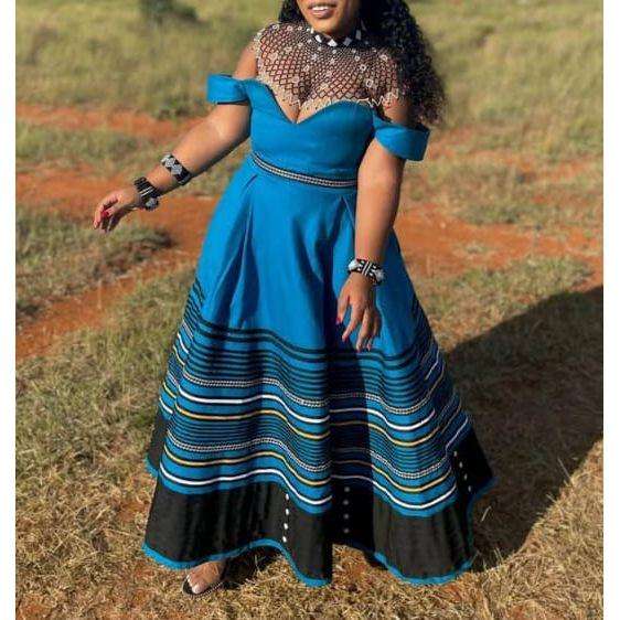 Off-Shoulder Multicolor African Print Pleated Maxi Dress.