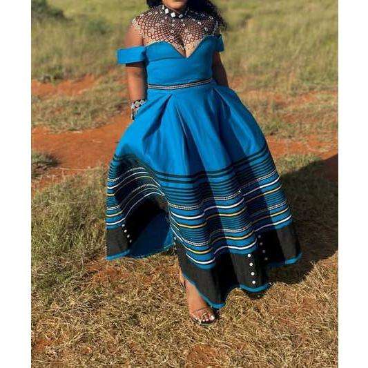 Off-Shoulder Multicolor African Print Pleated Maxi Dress.