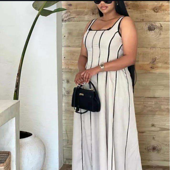 Sleeveless Striped Contrast Binding Sleeveless Midi Dress