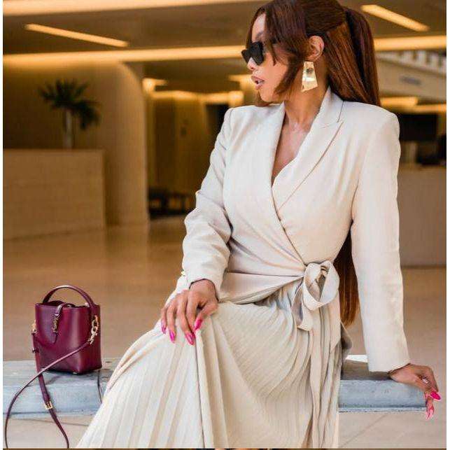 Modern Pleated Long Sleeve Blazer Skirt Set