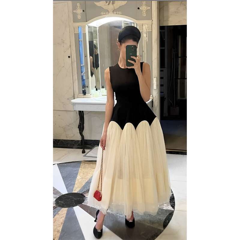 Black White Mesh Spliced Party Midi Dress