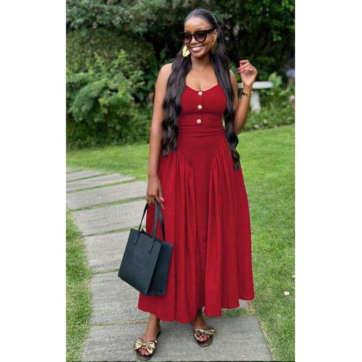 Button Detail Elegant Boobtube Maxi Dress.