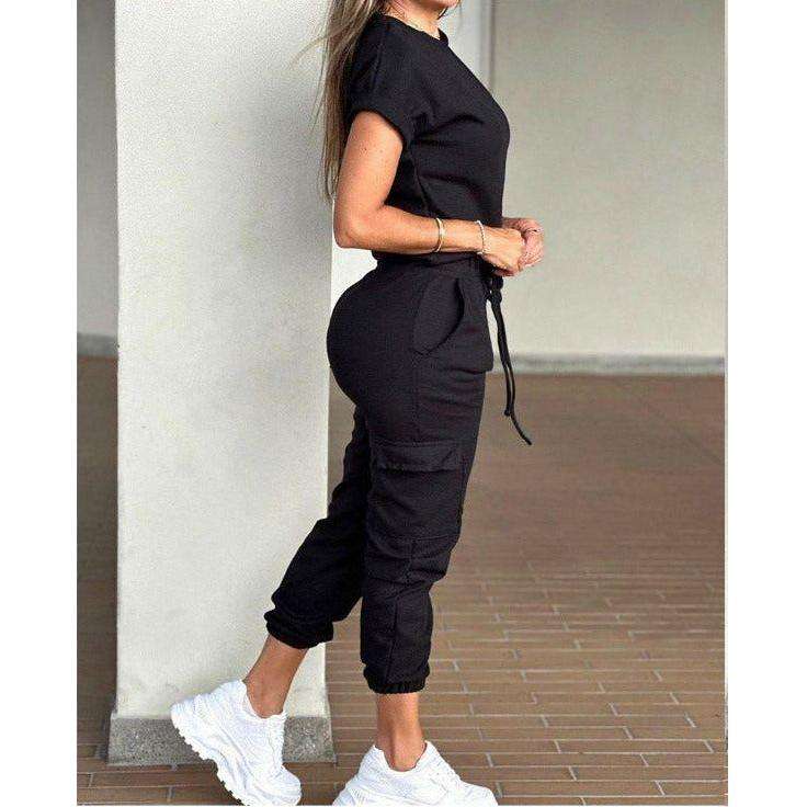 Casual Solid Color Drawstring Waist Pants with Plain Top Set