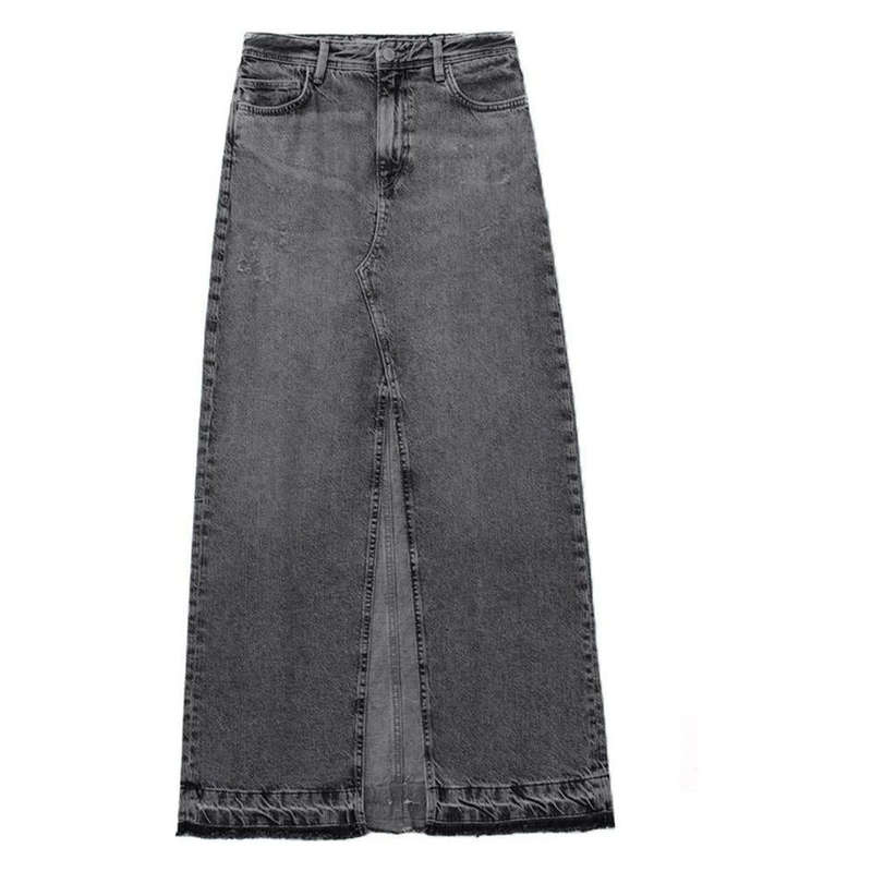 Retro Fringed Long Denim Skirt