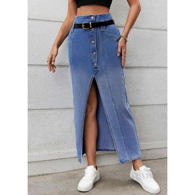 Denim Casual Loose Side Slit Midi Skirt
