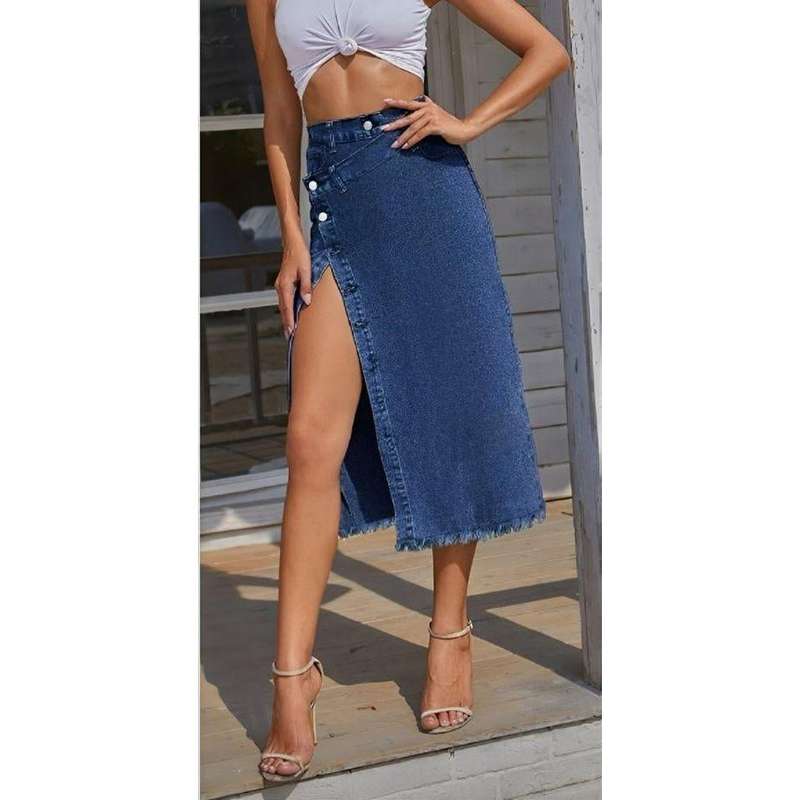 Denim Side Buttons Midi Slit Cut Skirt