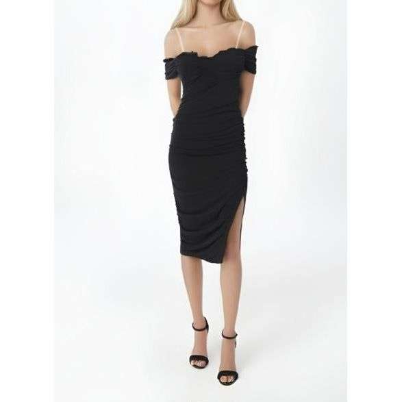 Ruffled Mesh Cross Strap Spaghetti Slit Midi Dress