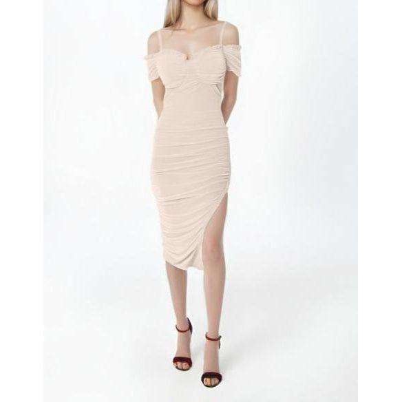 Ruffled Mesh Cross Strap Spaghetti Slit Midi Dress