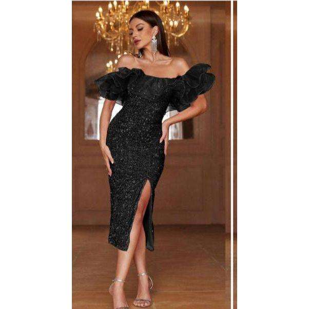 Off-Shoulder Sequins Short Prom Dress With Slit Party Gowns