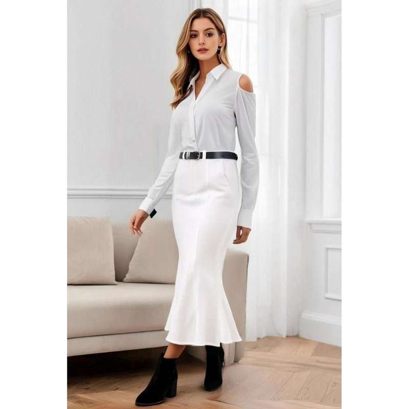 Satin Pencil Belted Mermaid Hem Maxi Skirt