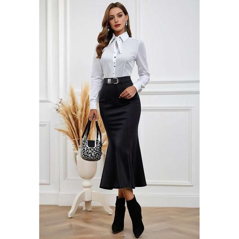 Satin Pencil Belted Mermaid Hem Maxi Skirt
