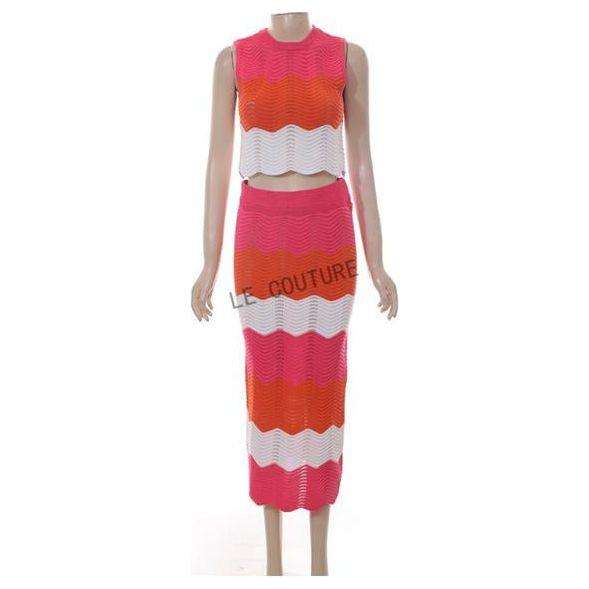 Sleeveless Cardigan Sweater With Scallop Trim & Knitted Skirt Set