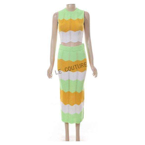 Sleeveless Cardigan Sweater With Scallop Trim & Knitted Skirt Set