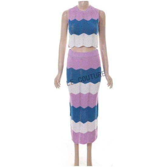 Sleeveless Cardigan Sweater With Scallop Trim & Knitted Skirt Set