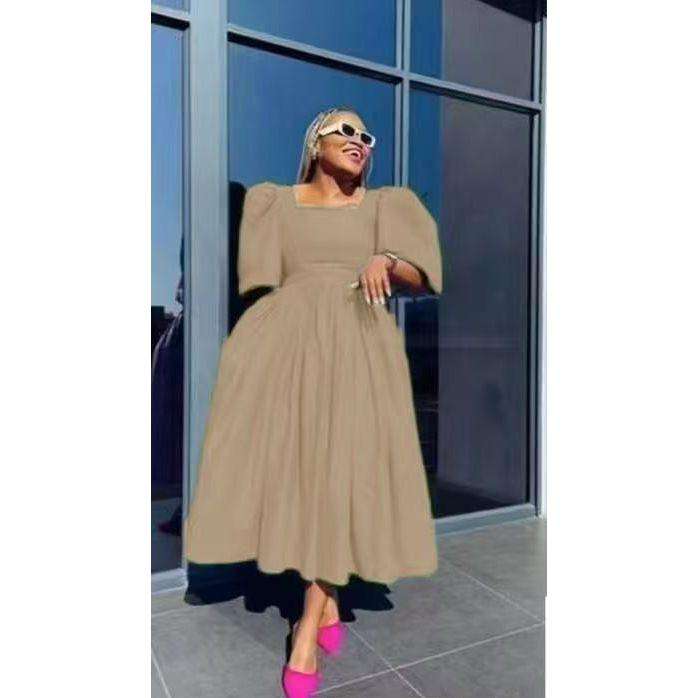 Pleated Square Neck Flared Sleeve Midi Dress