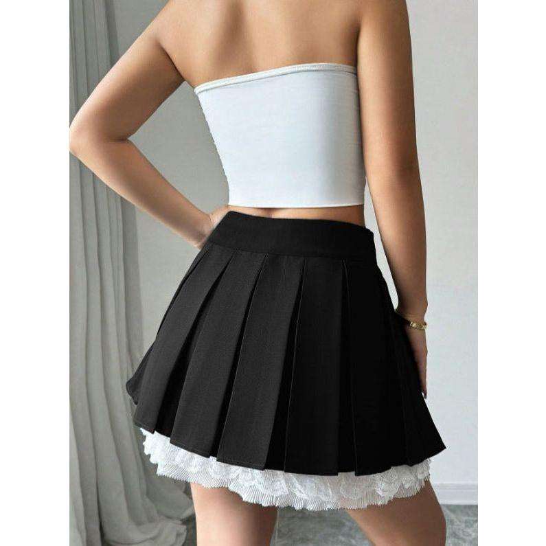 Lace Trim Pleated Mini Skirt