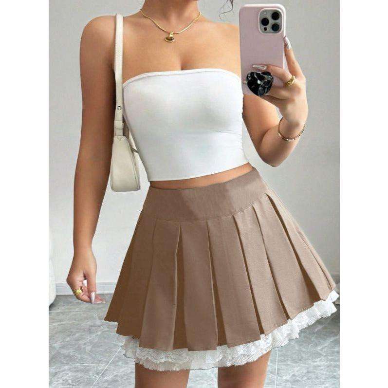 Lace Trim Pleated Mini Skirt