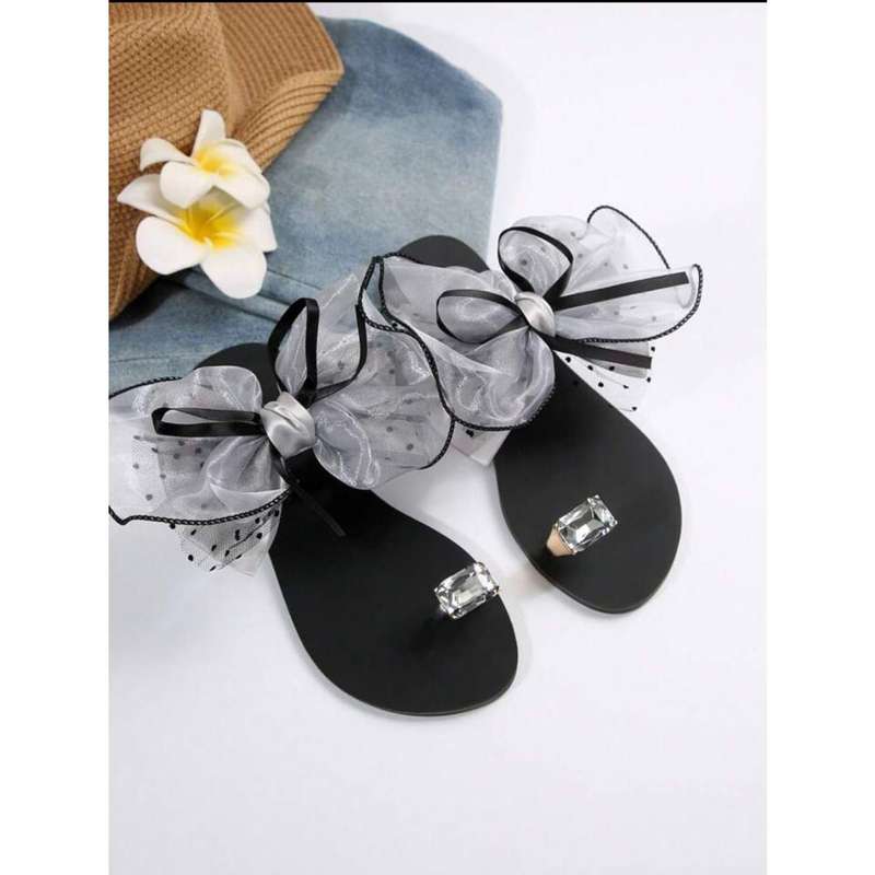 Bow Knot And Jewel-Encrusted Thumb Buckle Flat Slipper