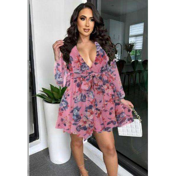 Floral V-Neck Lace Mini Dress