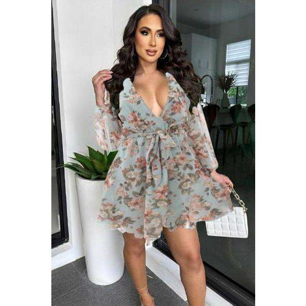Floral V-Neck Lace Mini Dress