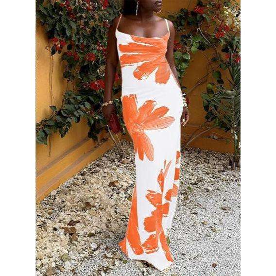 Cowl Neck Backless Silky Printed Dress