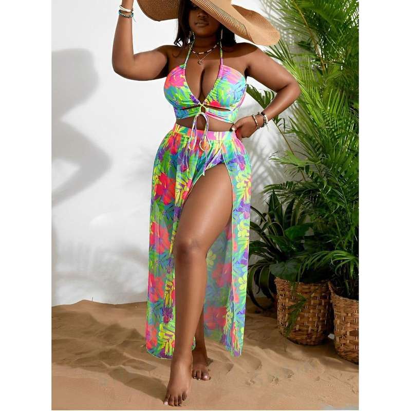 Curve Plus Size Tropical Plant Print Halter Neck Tie Bikini Set