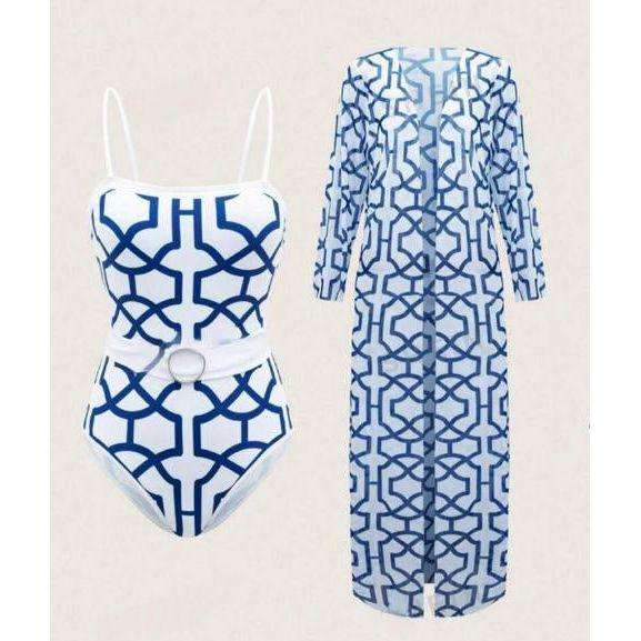 Stylish Print Bathing Suit Set Belt Blue Beach Cover Up