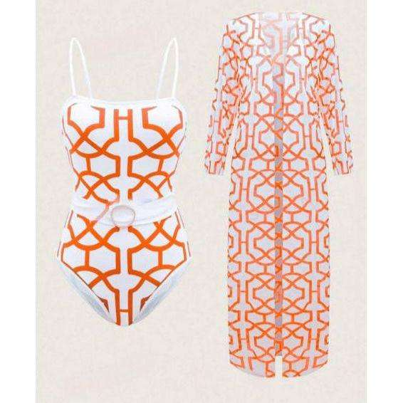 Stylish Print Bathing Suit Set Belt Blue Beach Cover Up