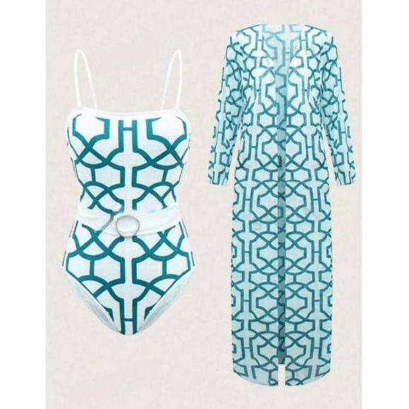 Stylish Print Bathing Suit Set Belt Blue Beach Cover Up