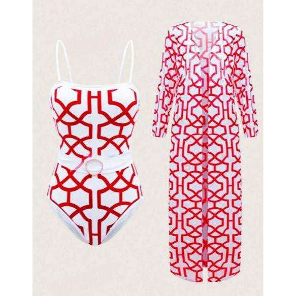 Stylish Print Bathing Suit Set Belt Blue Beach Cover Up