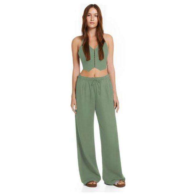 Front Button Sleeveless Top & Pocketed Long Pants Set