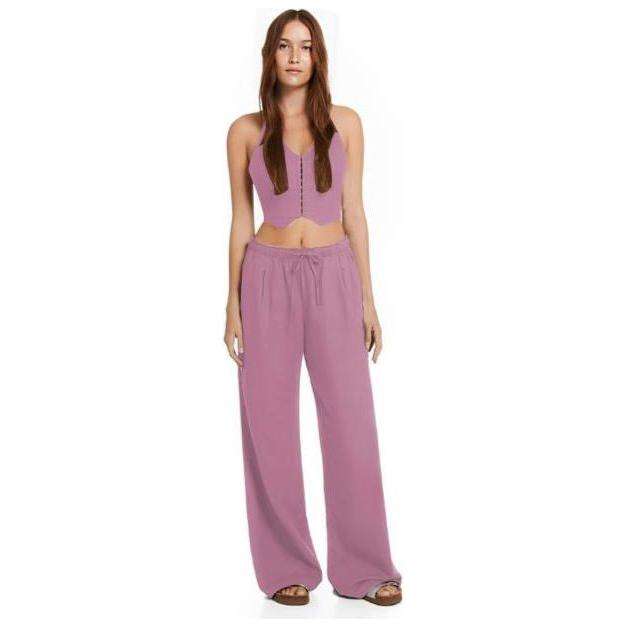 Front Button Sleeveless Top & Pocketed Long Pants Set