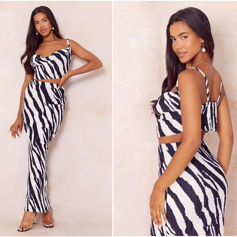 Petite Zebra Print Plisse Strappy Cowl Neck Top