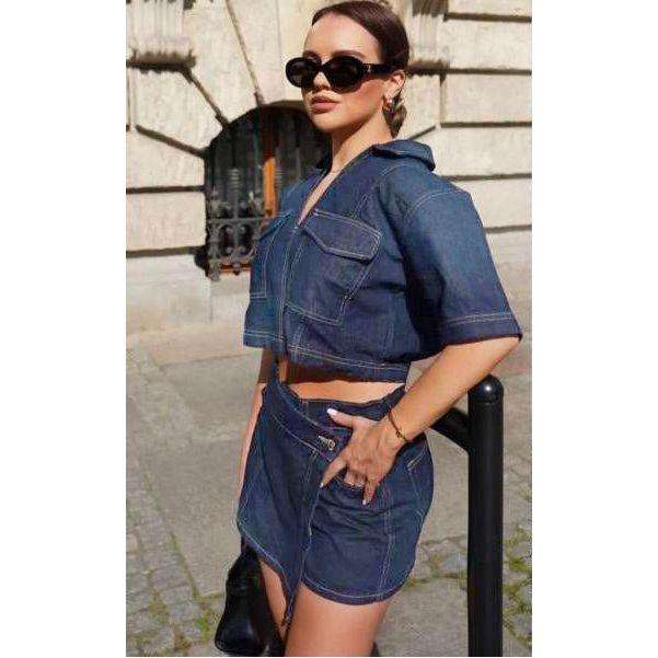 Dark Denim Asymmetrical Skirt & Jacket Set