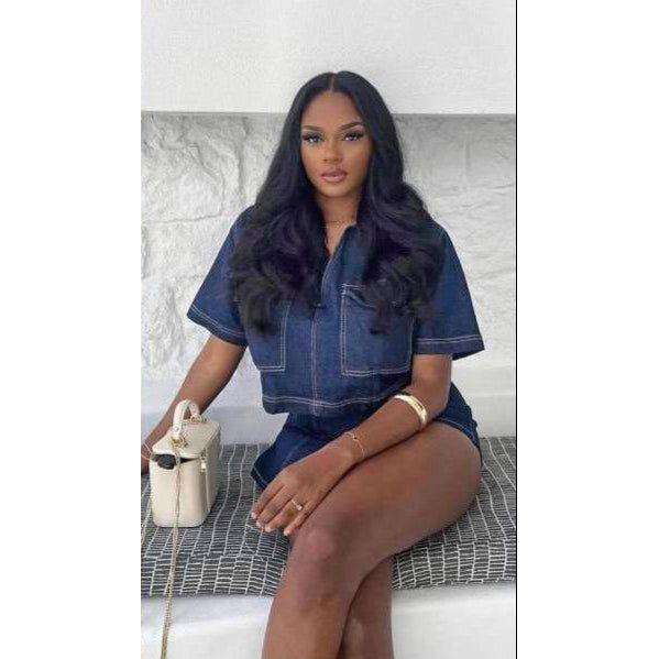 Dark Denim Asymmetrical Skirt & Jacket Set