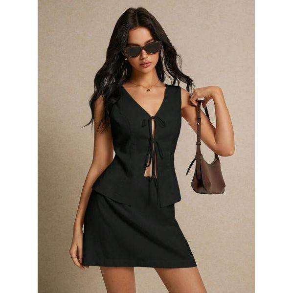 Solid Color Front Tie Vest And Skirt Two-Piece Set